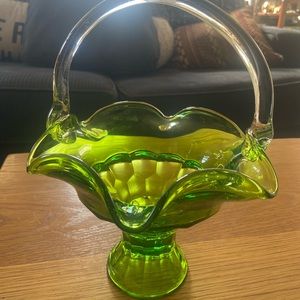 Vintage Green Glass Vase Basket